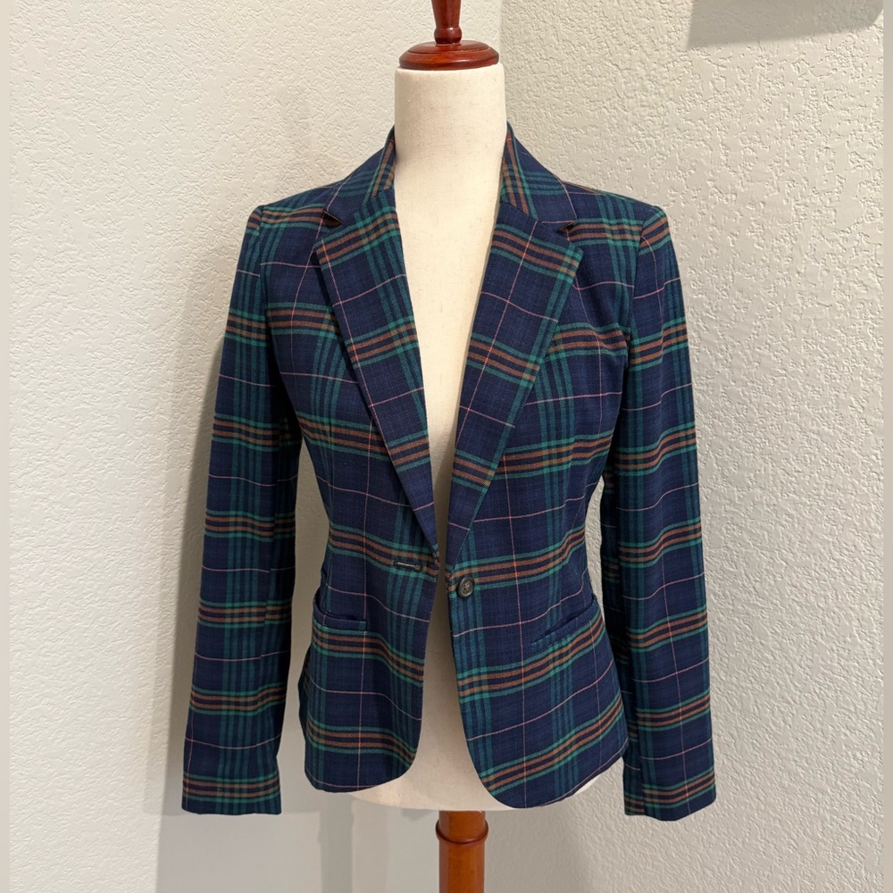 J. Crew Blue and Green Plaid Blazer Tailored Wool Blend